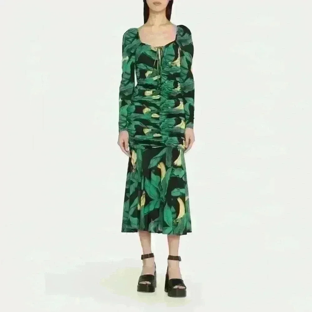 Ganni Tropical Ruched A-Line Midi Dress